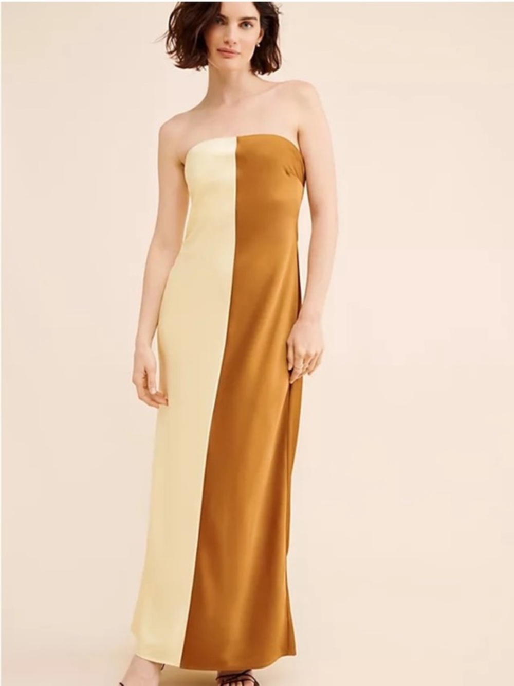 Significant Other Dress Ally Maxi Strapless Satin Colorblock Butter Yellow & Tan